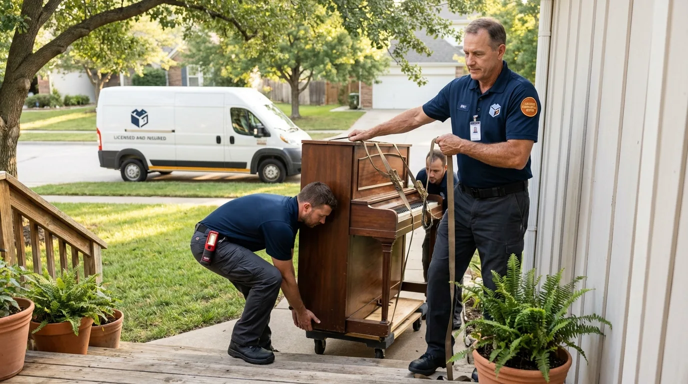 Licensed piano movers securing grand piano in Placitas, NM