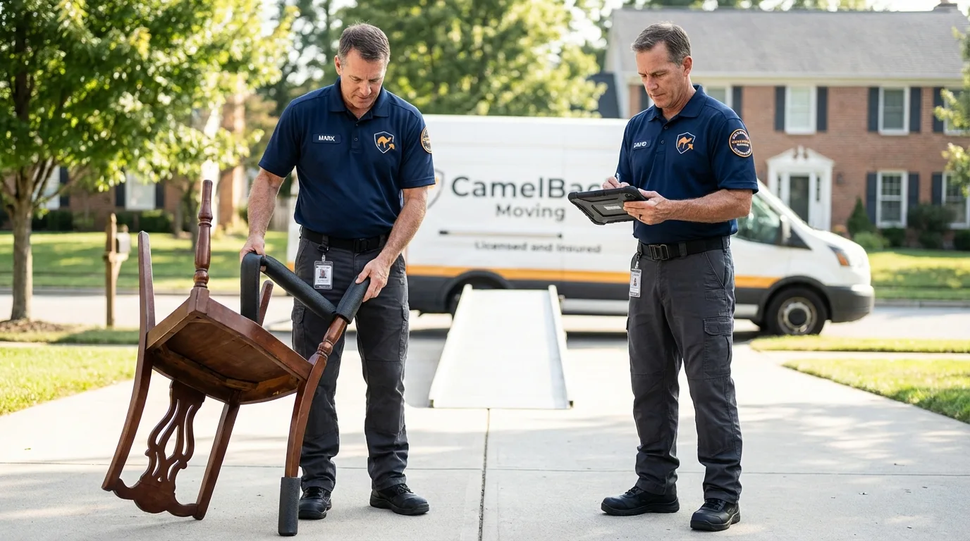Movers inspecting furniture for damage prevention before loading in Placitas, NM