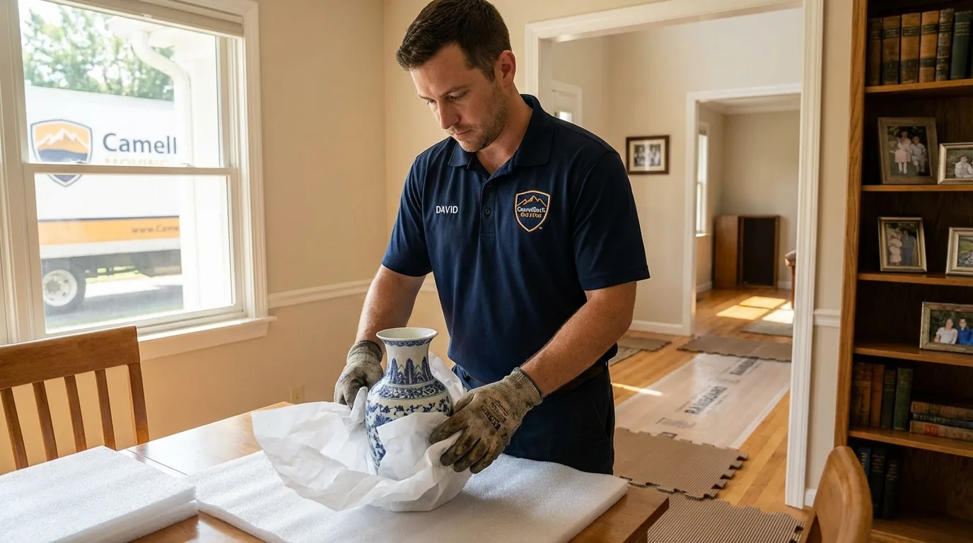 Professional crew carefully wrapping antique vase for senior downsizing move in Placitas, NM