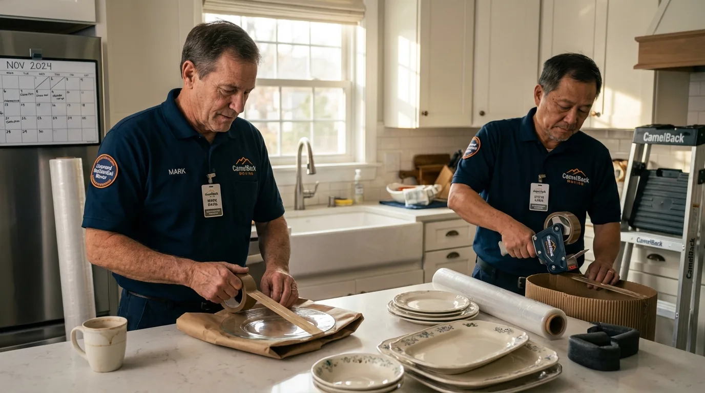 Professional crew packing kitchen dishware in Placitas, NM